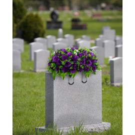 Artificial Headstone Flower Saddle, Cemetery Flowers for Grave, Cemetery Saddles for Headstones, Memorial Grave Flowers for Tombstone Decoration (Purple)