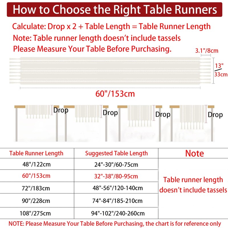 Cenebonxy Rustic Boho Table Runner, Farmhouse Table Runners 60 Inches