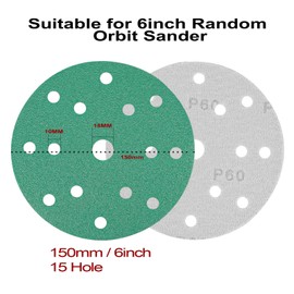 STEBRUAM 50pcs 150mm Sanding Discs,Heavy Duty Hook and Loop Backed Film Discs 15 Hole 6 Inch Sander for Random Orbital Sander Pads All Oscillating Tools (60/80/120/180/400 Grits)