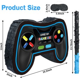 Video Game Controller Pinata Bundle Fiesta Gaming Controller Pinata Set with Blindfold and Bat Kids Birthday Gamer Party Supplies Game Toy for Kids Gaming Theme Party Carnival Events Decor (Blue)