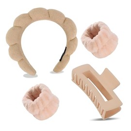 GeorgeX Bandas para Cabello Mujer, 4 Piezas Diademas para Cabello con Ajustable y Muñequeras Absorbentes, Muñequeras Skincare para Ducharse, Lavarse  