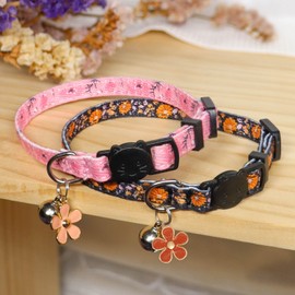 Giecooh Cotton Cat Collar, 2 Pack Breakaway Cats Collars with Bells, for Girl Boy Kittens, Pink and Orange