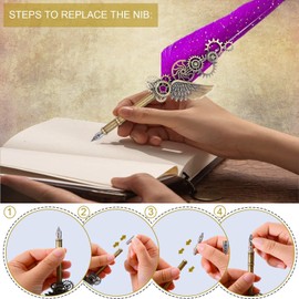 Quill Pen and Ink Set with Feather Calligraphy Pen, 5 Bottled Ink, 6 Replaceable Dip Pen for Writing, Writing Letters, Diary, Signing, Invitation Etc(Purple)