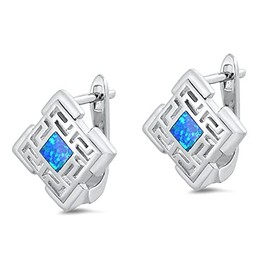 Sterling Silver Greek Key Square Open Earrings Blue Simulated Opal 925 New