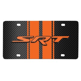 iPick Image for Dodge SRT 3D Logo in Orange on Orange Stripe Black Carbon Fiber Look Stainless Steel License Plate for Decorative