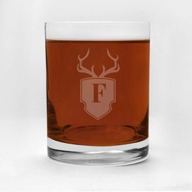 4 Piece Glass Set Engraved with Antler and Shield F-Letter Monogram, 13.5-Ounce