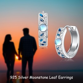 VONALA Vintage Moonstone Hoop Earrings for Women 925 Sterling Silver Leaf Hoop Earrings Blue Leaf Earrings Moonstone Jewelry