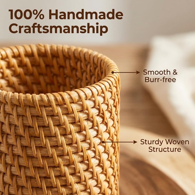 XLP Natural Rattan Pen Holder, Round Wicker Pencil Cup, Boho