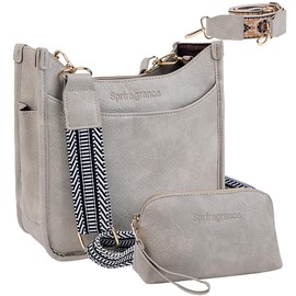 Women's Crossbody Handbags Vegen Leather Purses 2Pcs Hobo Purse Bags Wallet Set with 2 Adjustable Guitar Strap (Gray)