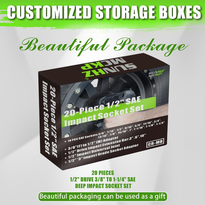 SUNHZ MCKP 20 PCS 1/2" Impact Socket Set, Drive Deep