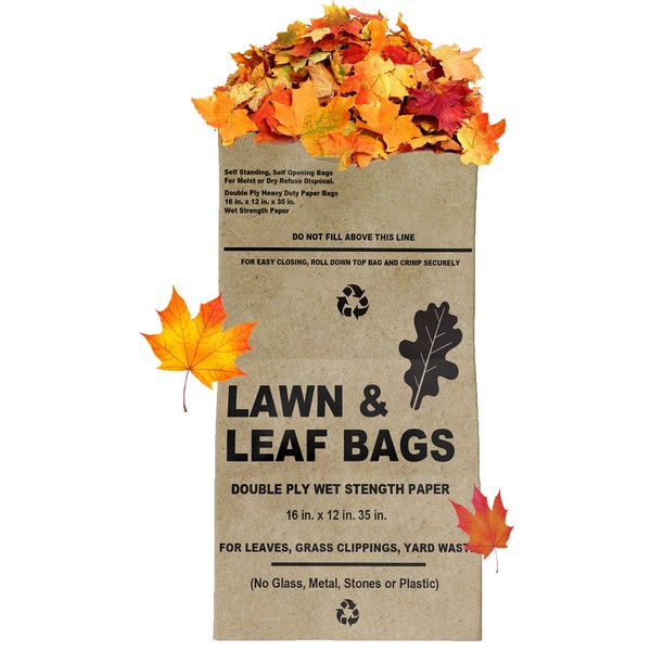 Lawn and Leaf Bags 30 Gallon - Pack of 10 - Tear Resistant Eco-Friendly Trash Bags for Wet/Dry Leaves, Grass Clippings, and Twigs - Brown Recyclable and Compostable Yard Bags - Biodegradable Bags