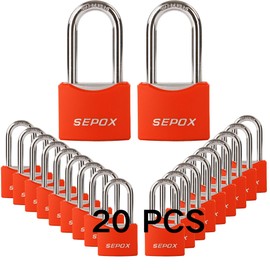 SEPOX® 20 Pcs All-Weather Outdoor Padlocks Keyed Alike, Long Shackle, Solid Steel Lock, Heavy-Duty with Red Cover, Compact Design for Gate Fence Cabinet Toolbox School Gym Locker with 20pcs Same Key