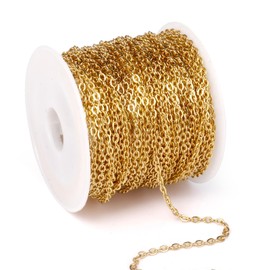 33 Feet 18K Gold PVD Plated Stainless Steel Cable Chain Bulk, 2mm 304 Stainless Steel Flat Cable Link Chains Roll Spool for Jewelry Making Necklace DIY Craft