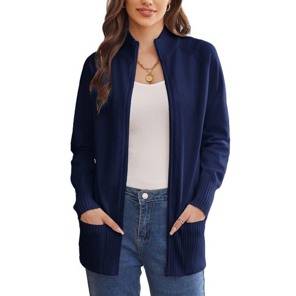 GRACE KARIN Long Sleeve Zipped Blue Cardigan Sweaters for Women
