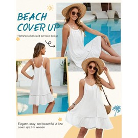 Vancavoo Women's Summer Beach Dress Short Spaghetti Straps Casual Dress V Neck Dresses Lightweight Summer Dress, White, L