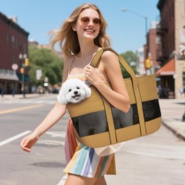 Lekereise Dog Purse Carrier for Small Dogs, Cats - Dog Carrier Purse with Secure Harness Clip, Dog Tote Bag Carrier, Large Space, Breathable Design(Khaki)