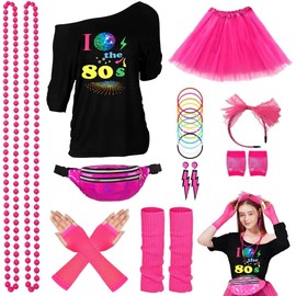 ELFIN 80s Outfit Women's T-Shirt, Tutu, Belt Bag, Headband, Earring, Necklace, Mesh Gloves, Bracelet, Leg Warmer, 80s Costume Clothing Theme Party Accessories, Black-3, M