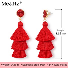 Me&Hz Red Tassel Earrings Layered Fringe Statement Dangle Drop Red Earrings for Women Dangling Red Christmas Earrings Large Holiday Earrings Costume Jewelry Valentines Day Gift