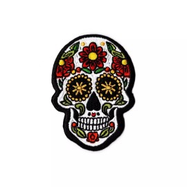 Patchwork Paradise Sugar Skull Embroidered Iron-On Patch – Day of the Dead DIY Badge
