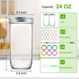 CARBLIN Wide Mouth Mason Jars 24 oz, 2 Pack Glass Canning Jars with Airtight Lids, Large Storage Jar with Labels Brush, Clear Mason Jars for Canning, Fermenting, Pickling, DIY Projects