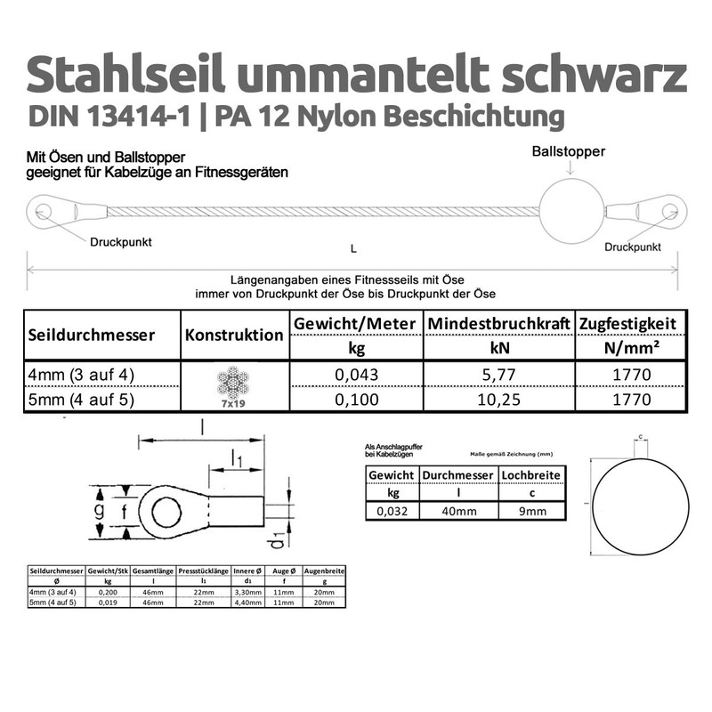 Drahtseile24 Sheathed Steel Cable for Fitness Equipment with Eyelets