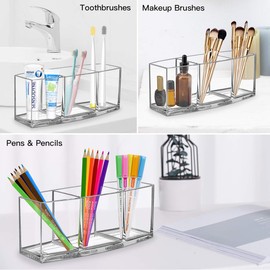 CACASO Clear Makeup Brush Organizer, Premium Acrylic Makeup Brush Holder Organizer 3 Compartments, Makeup Brush Display Holder Cosmetic Storage