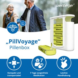 Weinberger „PillVoyage“ Tablettenbox 7 Tage | Medikamentenboxen mit 4 Fächern pro Tag | Pillendose als kompakter Organizer | Pillenbox für morgens, mittags, abends, nachts (Pillenbox 7 Tage – Grün)