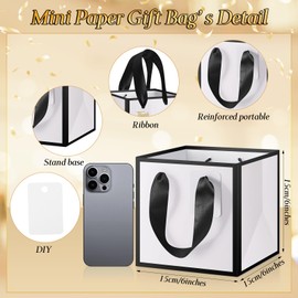 Kolldenn 50 Pcs Mini Metallic Paper Gift Bags with Handle 6 x 6 x 6'' Small Favor Bag with Thank You Tag for Birthday Wedding Bridal Shower Bridesmaid Holiday Party (White and Black)