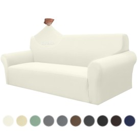 HDCAXKJ Couch Cover Stretch Sofa Covers for 3 Cushion Couch Soft Non Slip Sofa Slipcovers Washable Furniture Protector for Dogs Pets 1-Piece Silky Slip Cover with Elastic Bottom (Ivory, Large)