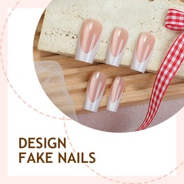 French Press on Nails Medium Square Fake Nails White French Tips False Nails Glossy Acrylic Full Cover Reusable Stick on Nails for Women Manicure 24Pcs
