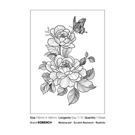 kobench Temporary Tattoos,Two Flowers Attracting Butterflies - K121 Design,Waterproof,Easy-to-Apply,Long Lasting 1-2 Weeks, Plant-Based,Flower Tattoos