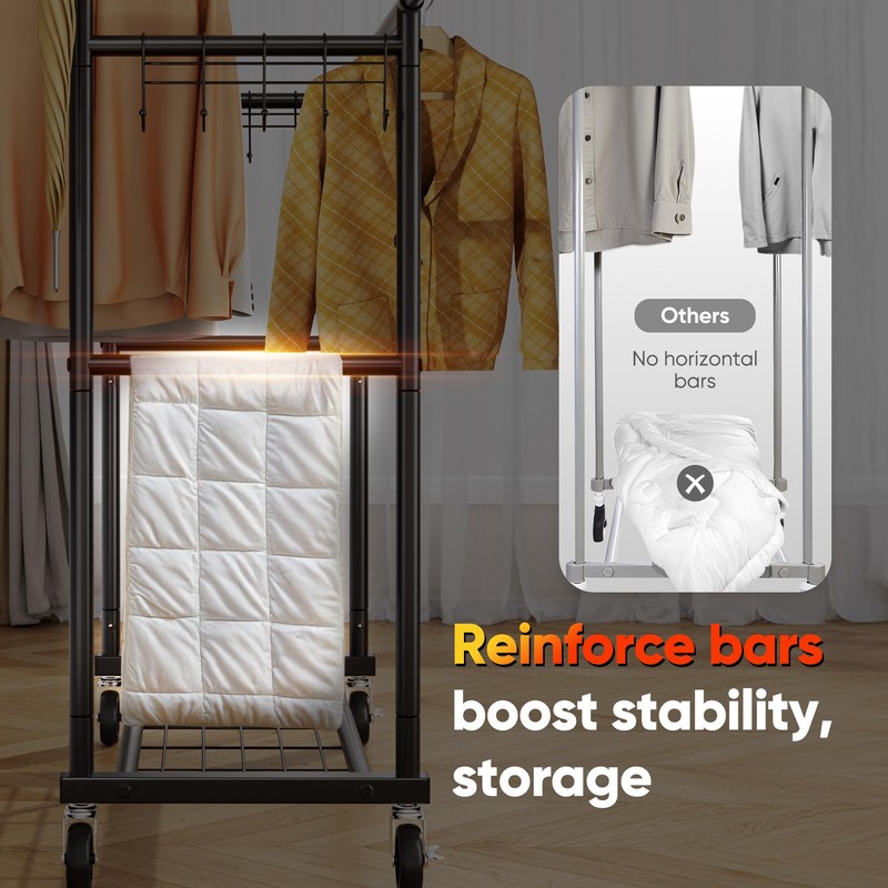 HOKEEPER Clothes Rack Heavy Duty Clothing Rack with Wheels Double