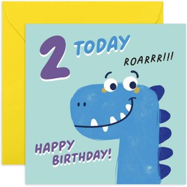 Old English Co. Happy 2nd Birthday Card for Boy or Girl - Fun Cartoon Dinosaur Second Birthday Card - Age Two Card - For Son, Daughter, Grandson, Granddaughter | Blank Inside Envelope