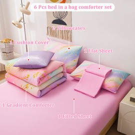 Galaxy Twin Bed in A Bag Set - 6 Piece Twin Comforter Sets for All Season: Pink, Rainbow with Bedding Sheets