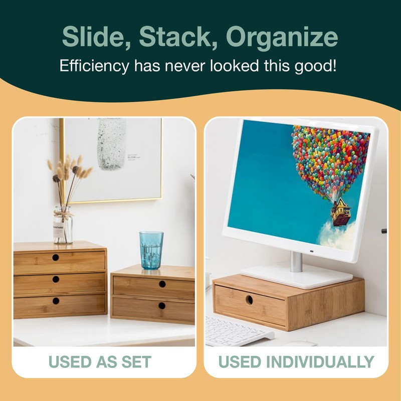 Set of 3 Bamboo Organizer Desktop Drawers - 1, 2,