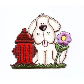 Puppy Dog with Fire Hydrant Embroidered Iron on Patch