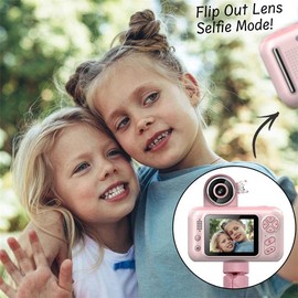 eDealz Full 1080P Kids Selfie Flip Lens HD Digital Photo & Video Rechargeable Camera with 2" Screen, Matching Handheld Tripod, 32GB Card, Memory Card Case, Card Reader & Micro USB Charging (Pink Kit)