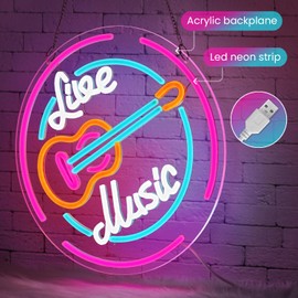 Sneignon Live Music Neon Sign,CD and Guitar Neon Sign,Coloful LED Sign,USB Powered with Dimmable Switch,Neon Signs for Wall Decor for Bar,Music Studio,Nightclub,Party Decor