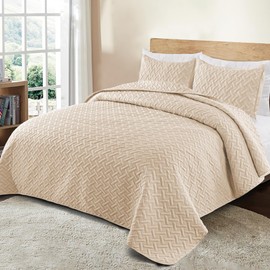 Exclusivo Mezcla Soft Quilt Set Queen Full Size, 3 Pieces Lightweight Quilts Brich Beige Bedspreads Coverlets Bedding Set for All Seasons, Weave Pattern
