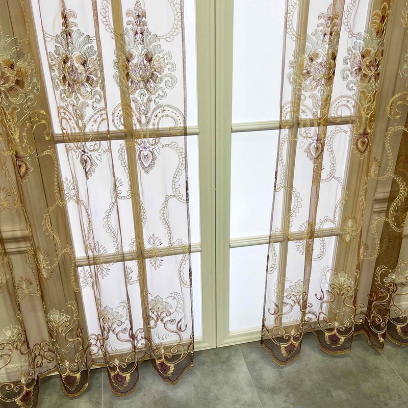 1pc Luxury Brown Embroidered Floral Sheer Tulle Curtain for Bedroom