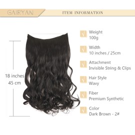 Gairyan Secret Hair Extensions with Wire 45 cm Hairpiece with Adjustable Invisible Synthetic Hair Invisible 1 Weft Long Wavy Curly Hair Extensions Synthetic Hair (Dark Brown)