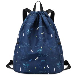 Ryushoyo Drawstring Backpack for Kids - Coconut Tree Bags for Girls Mini Gym Dance Beach Swim Travel Bag With Two Water Bottle Holder Dark Blue
