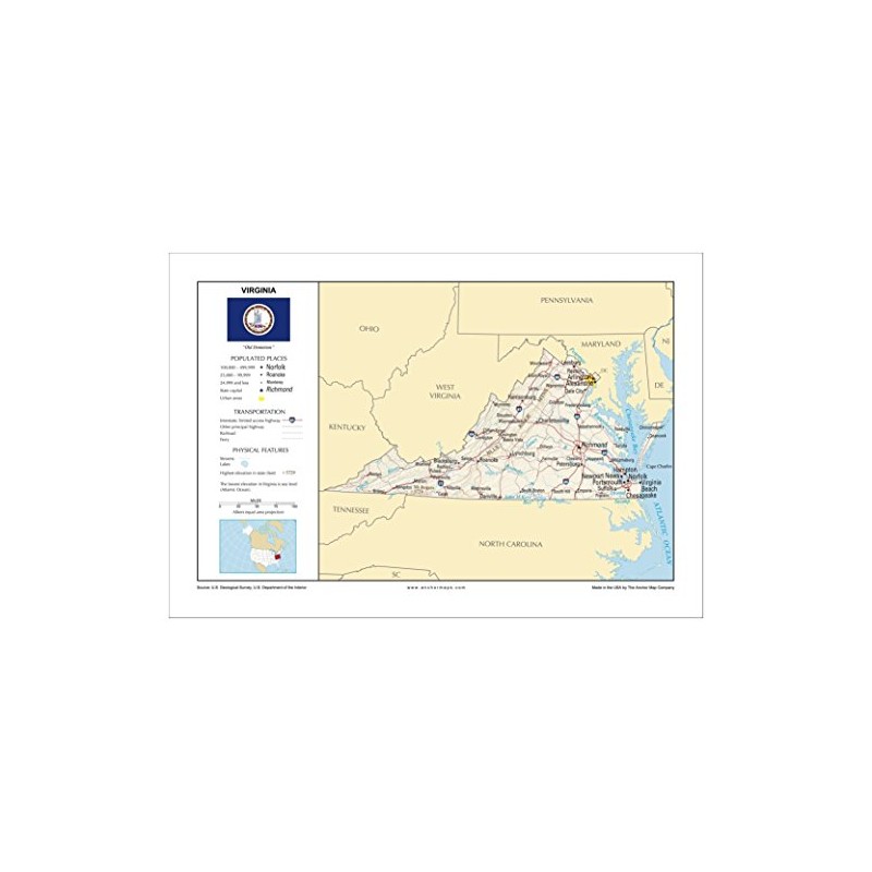 13x19 Virginia General Reference Wall Map - Anchor Maps USA