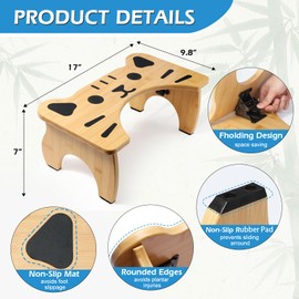 Bamboo Toilet Stool Foldable, 7 in Poop Stool for Bathroom, Portable Squatting Potty Stool for Adults & Kids, Non-Slip Toilet Foot Pooping Steps, No Assembly Required