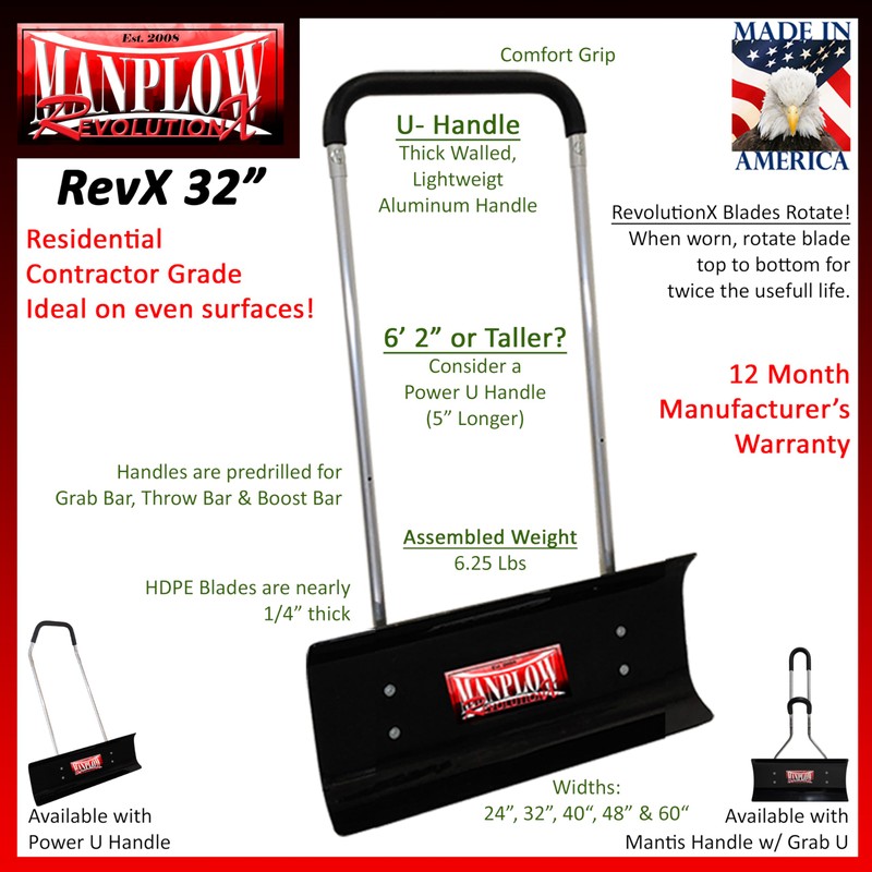 MANPLOW RevolutionX Snow Pusher with U Handle (32 Inch)