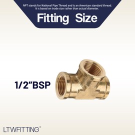 LTWFITTING Brass BSP Pipe Fitting 1/2-Inch Female BSPP Thread Tee Fuel Air (Pack of 5)
