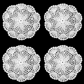 WLLHYF White Vintage Crochet Doilies 8 Inches Round Cotton Handmade Lace Placemats Crafts Tables Food Bulk Doily Cloth Set Corrugated Edge for Wedding Birthday, 4 Pack