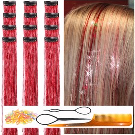 CelineBella Clip In Hair Tinsel Red Tinsel Hair Extensions 80 Strands/Pcs for Kid(24 Inch Pack of 12Pcs, Shining Red)