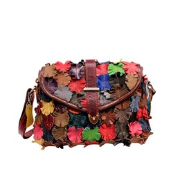Segater® Multicoloured Floral Cowhide Leather Shoulder Bag for Women, Vintage Cowhide Leather Handbag, Floral Pattern, 3D Shoulder Bags, Women's Travel Bag with Handbag, Patchwork Colourful Purses Handbag Leather, Multi-coloured flower
