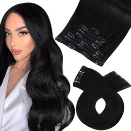 Moresoo Clip-In Real Hair Extensions, Black, Remy Real Hair Clip, 45 cm, Human Hair Extensions, Double Wefts, #1, 120 g, 7 Wefts Set
